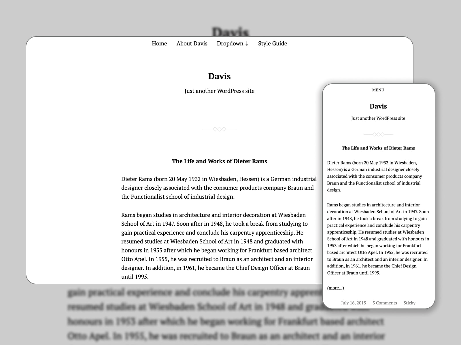 Collage of the Davis free Gutenberg theme for content-oriented websites in white and black colors.