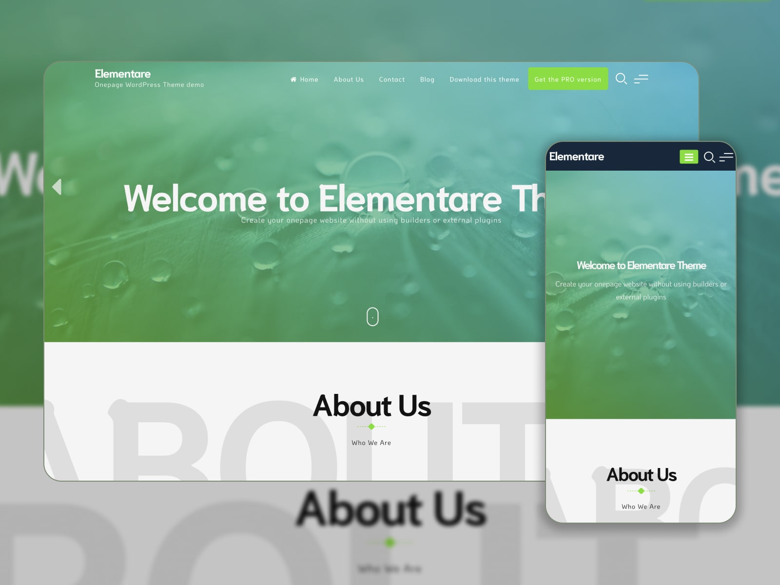Collage of the Elementare one page Gutenberg theme demo in green and gray colors.