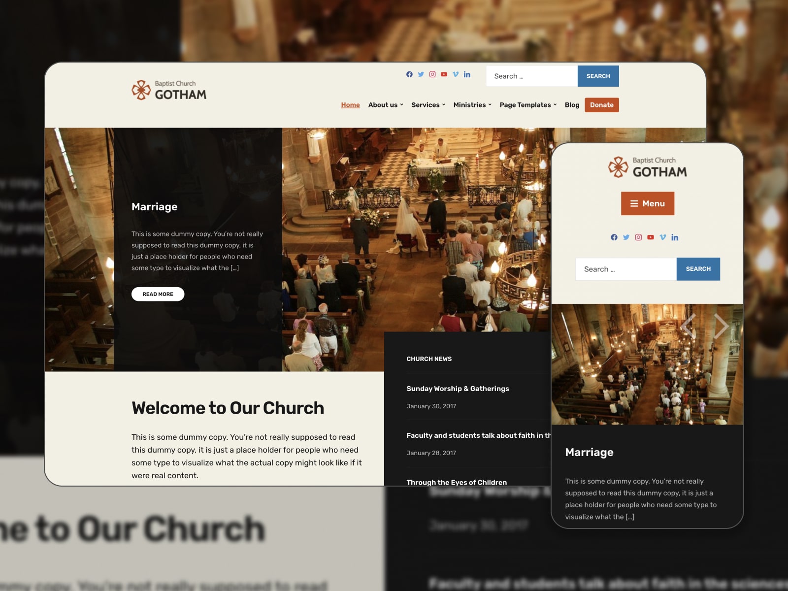 Collage of the free Faith Gutenberg theme demo page in brown, black and white colors.