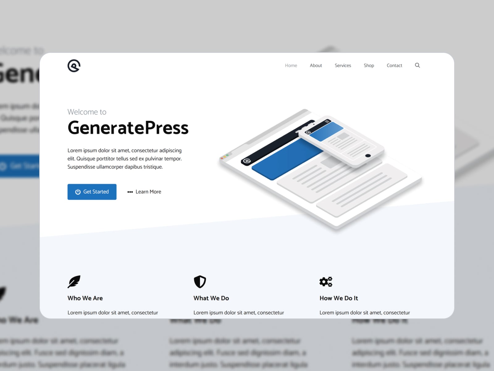 Collage of the GeneratePress free Gutenberg theme WordPress.