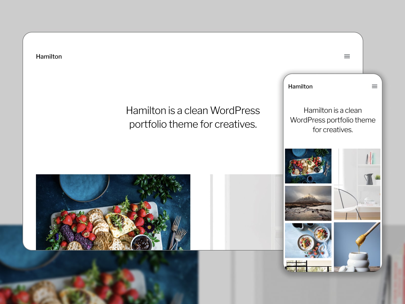 Collage of the Hamilton Gutenberg portfolio free WordPress theme.