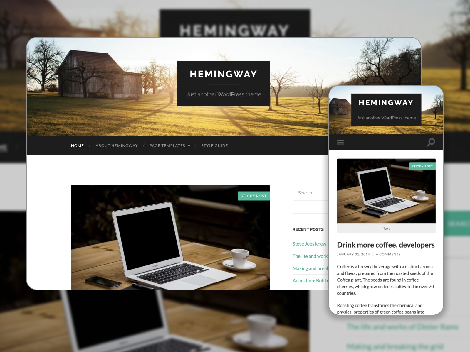 Collage of the Hemingway free Gutenberg theme with a parallax scrolling effect.