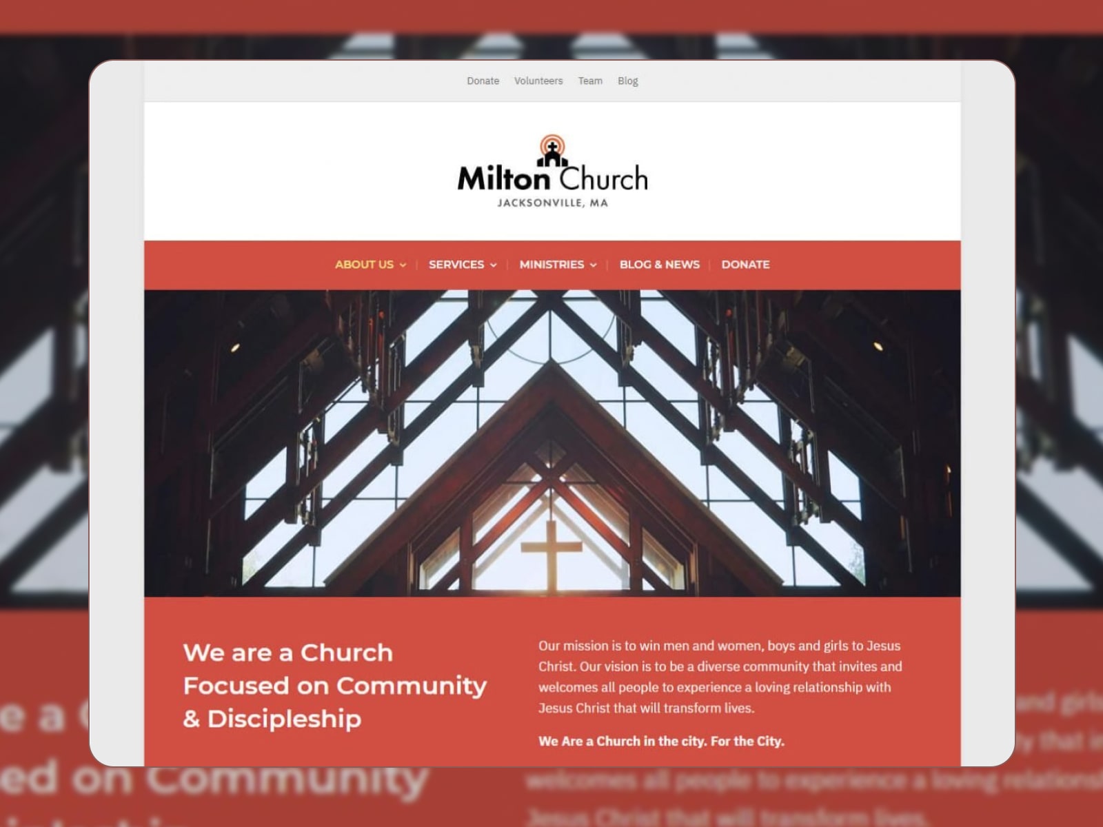 Collage of the Milton Lite church theme for Gutenberg sites in white and red colors.