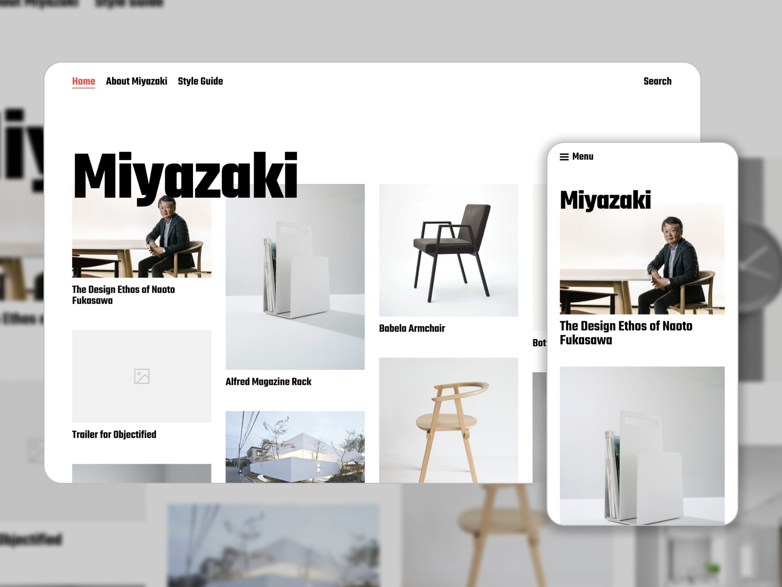 Collage of the Miyazaki Gutenberg portfolio free WordPress theme in white, black and gray colors.