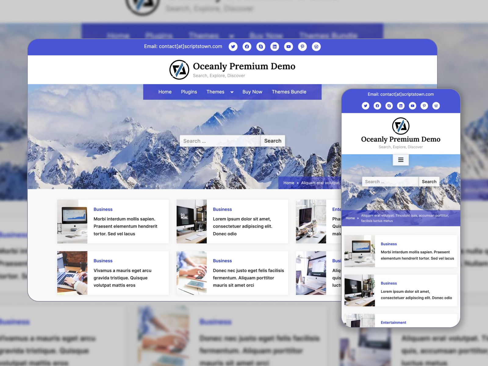 Collage of the Oceanly Gutenberg free theme demo website in blue and white colors.