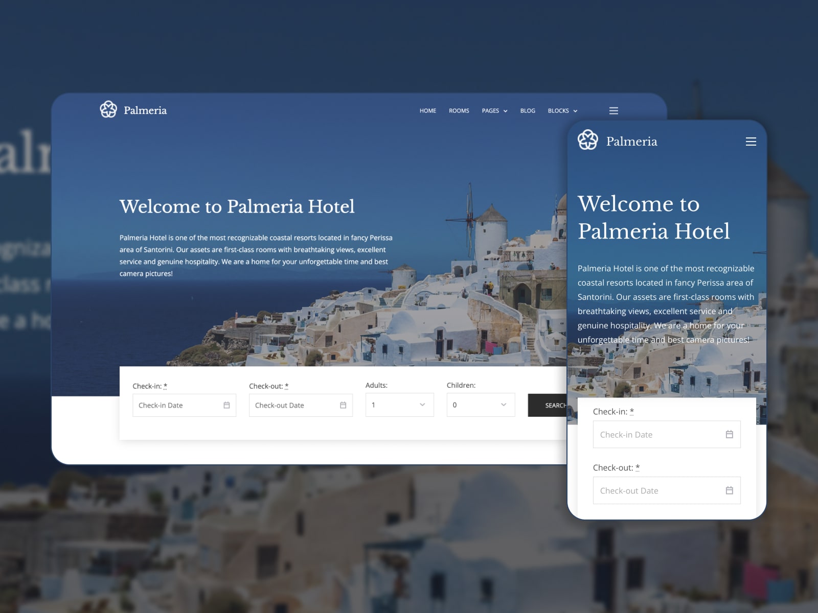 Collage of the Palmeria Gutenberg free WordPress theme for hotel business websites in blue and white colors.