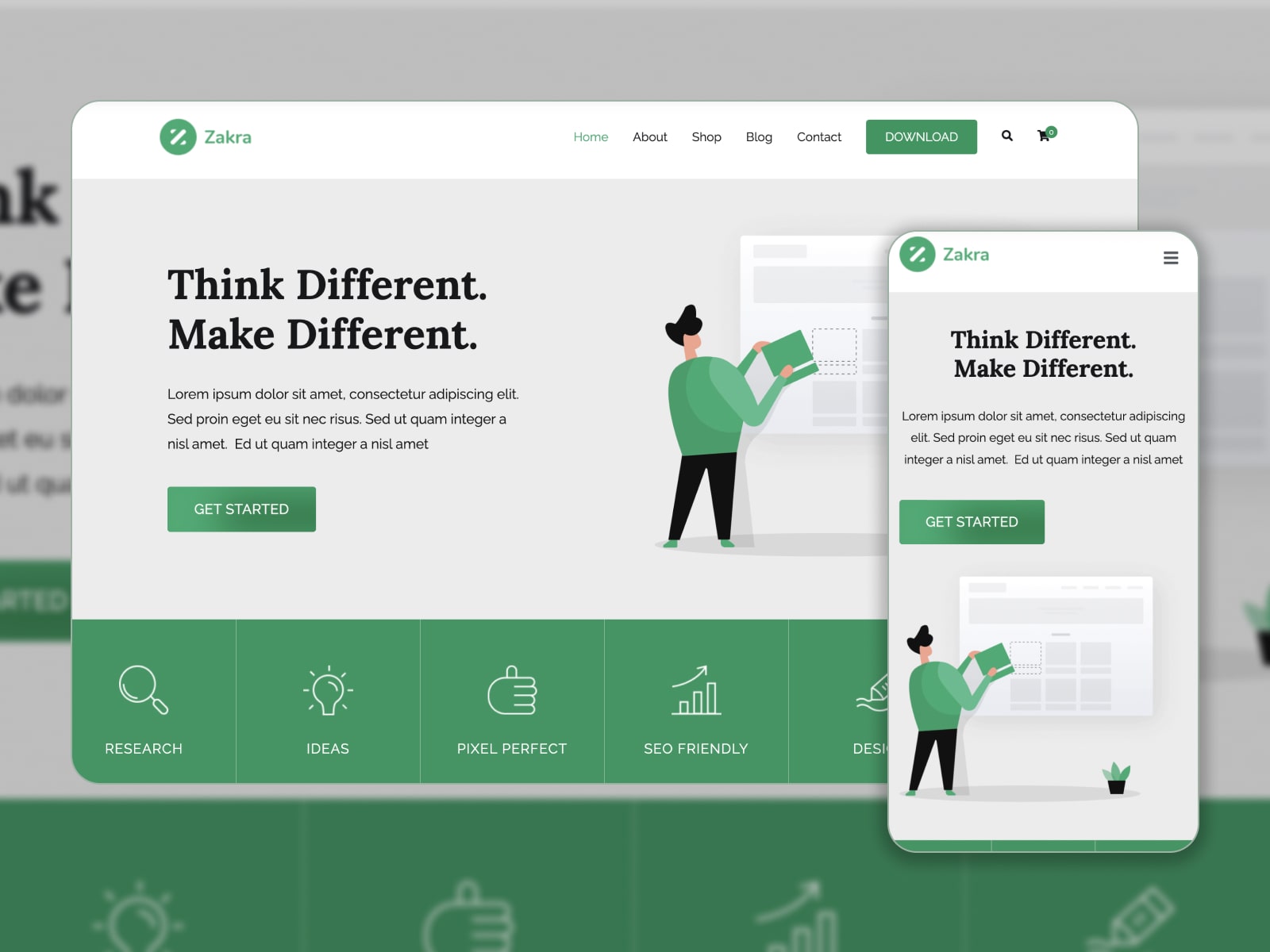 Collage of the Zakra free WordPress theme for portfolio websites in green and white colors. 