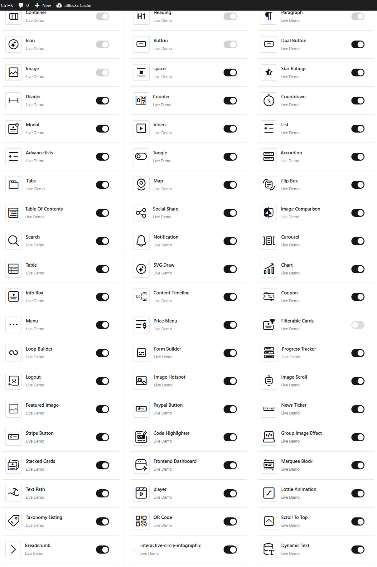 Screenshot of ablocks library of Gutenberg blocks.