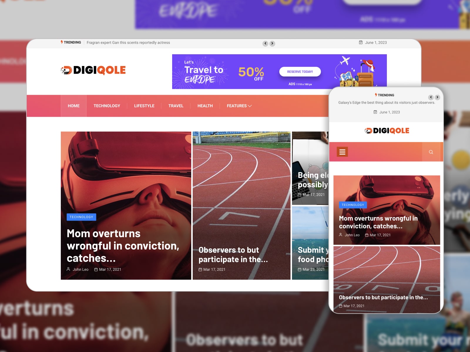 Collage of the Digiqole WordPress magazine theme demo in red and white colors.