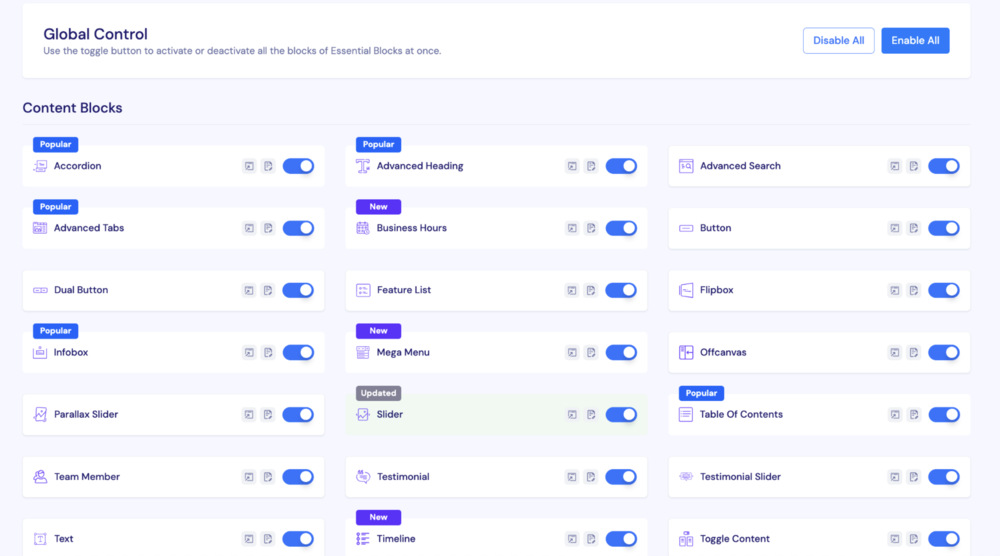 Screenshot of the Essential blocks global control options for blocks.
