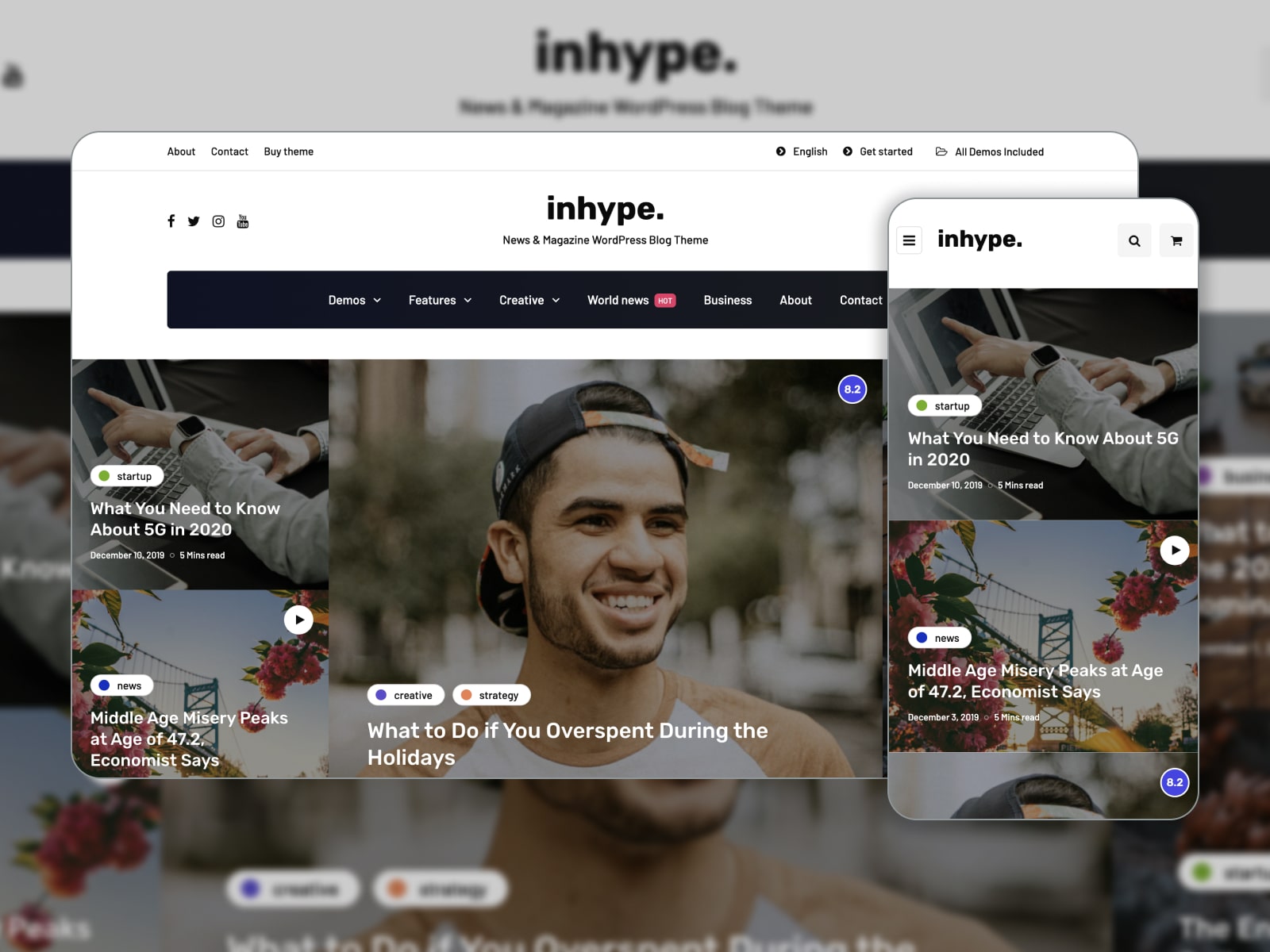 Collage of the InHype theme for blog and magazine WordPress websites.