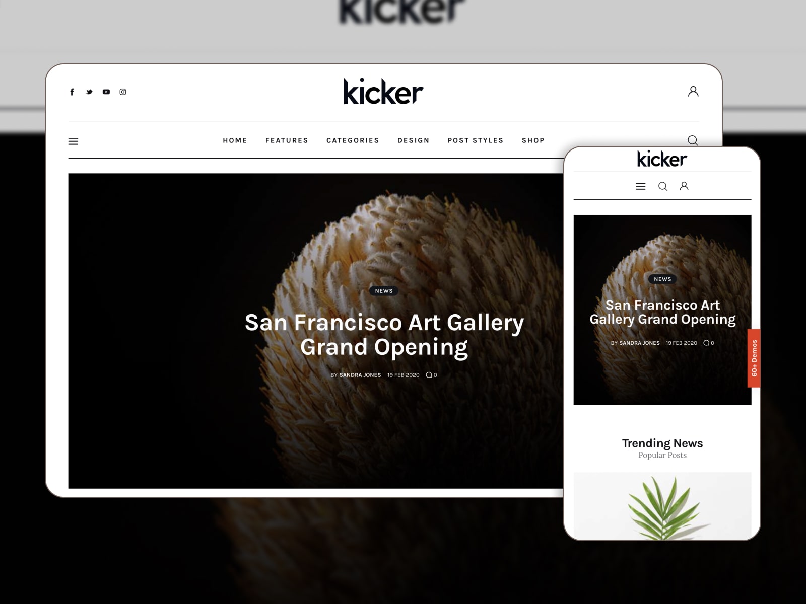 Collage of the Kicker WordPress theme demo page for magazine websites.