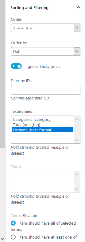 filtering options slider