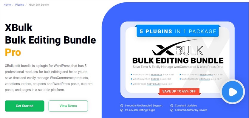 Screenshot of the XBulk WordPress and WooCommerce Bulk Edit Bundle plugin homepage.