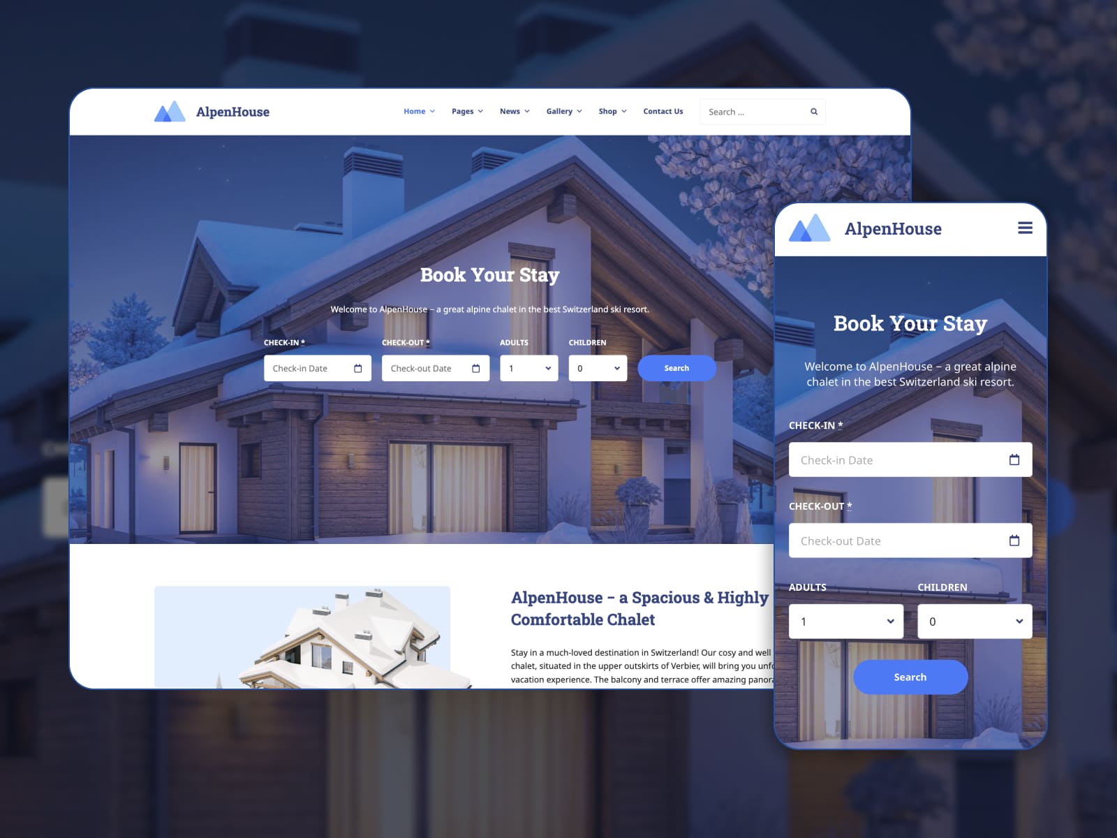 There is the Alpenhouse winter rental house theme for WordPress displayed in this collage.