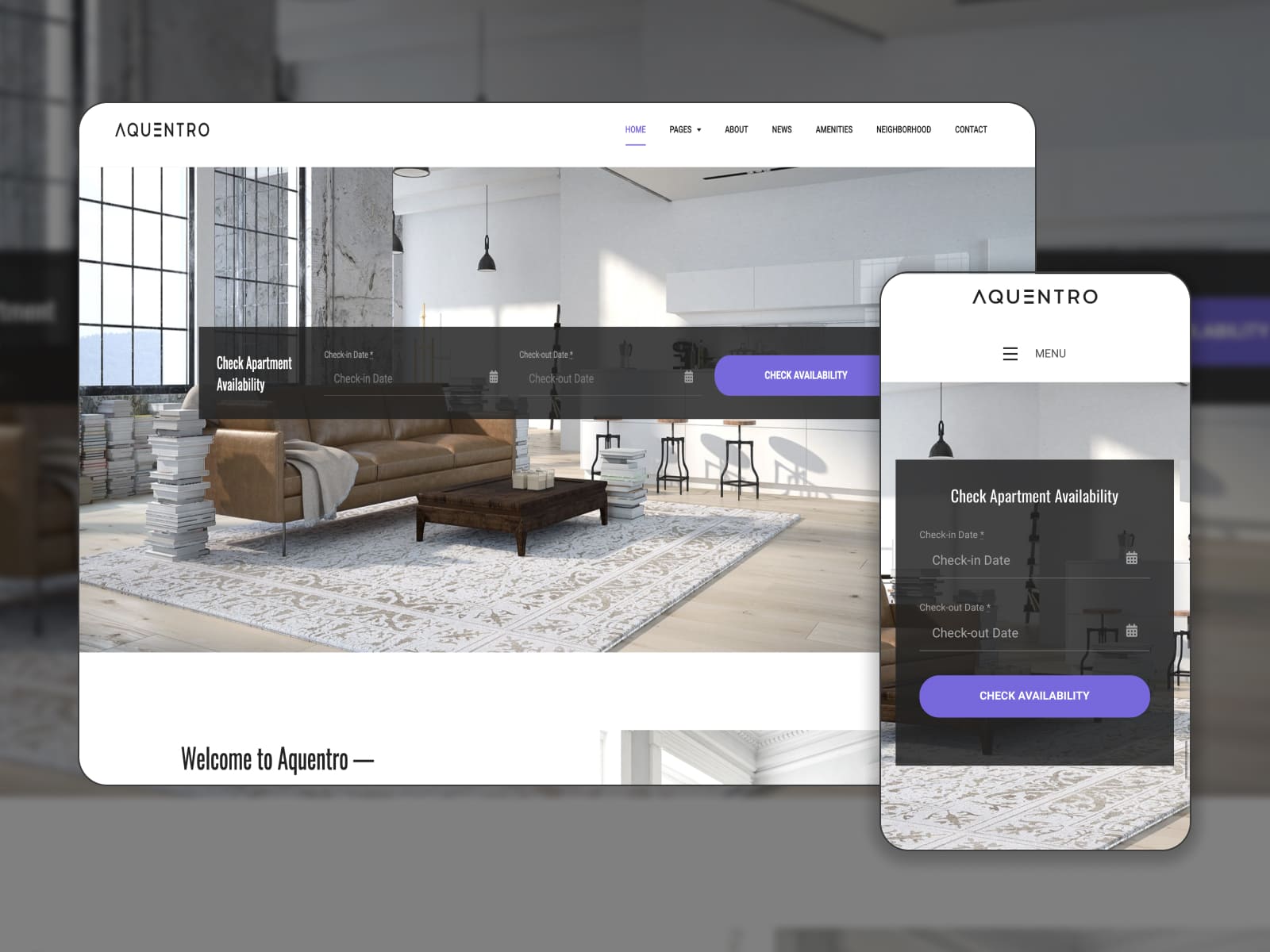 The Aquentro WordPress apartment theme displayed in various versions for mobile and desktop views.