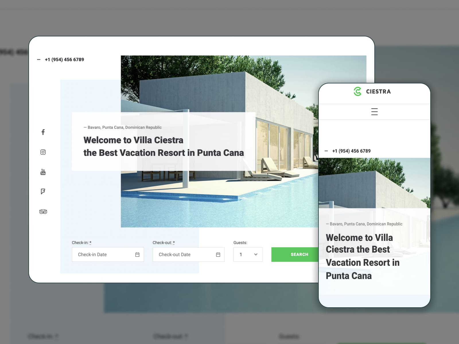 The Ciestra resort WordPress theme showed in a mobile and desktop versions.