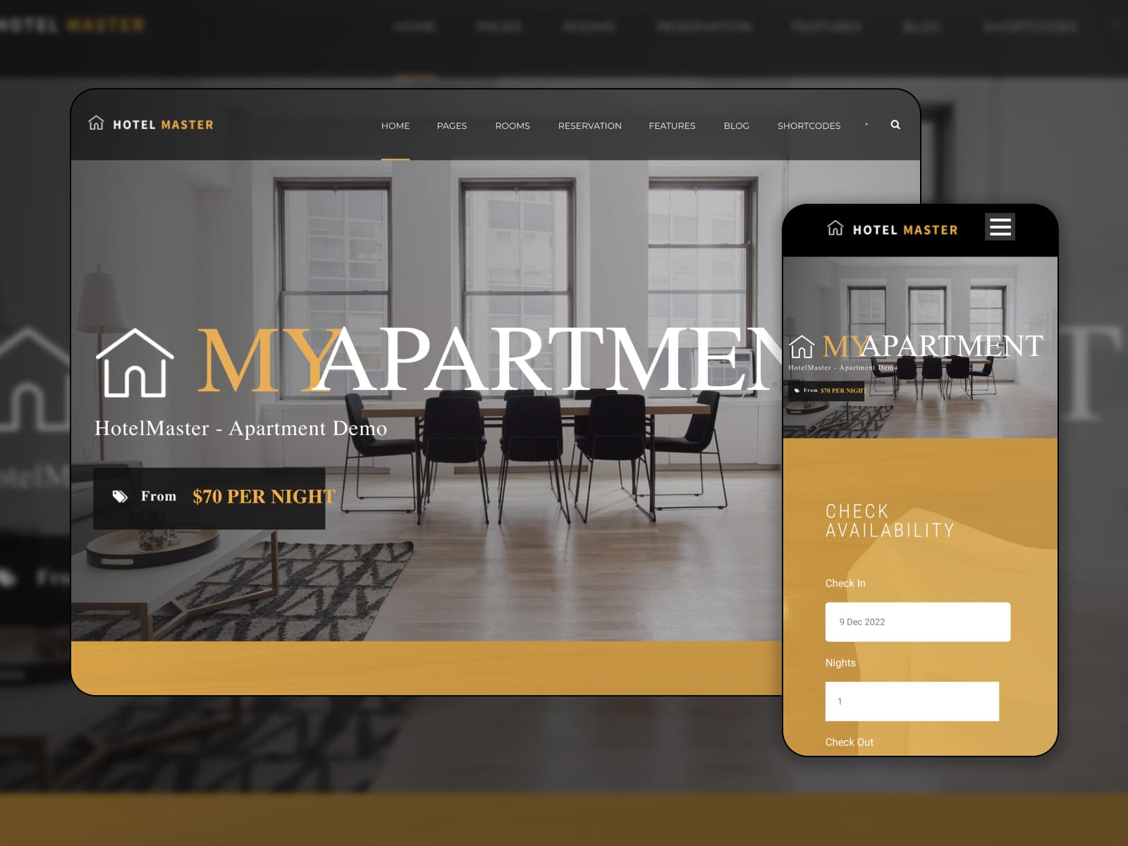 A collage showing the Hotel Master apartment rental theme for WordPress on several devices.