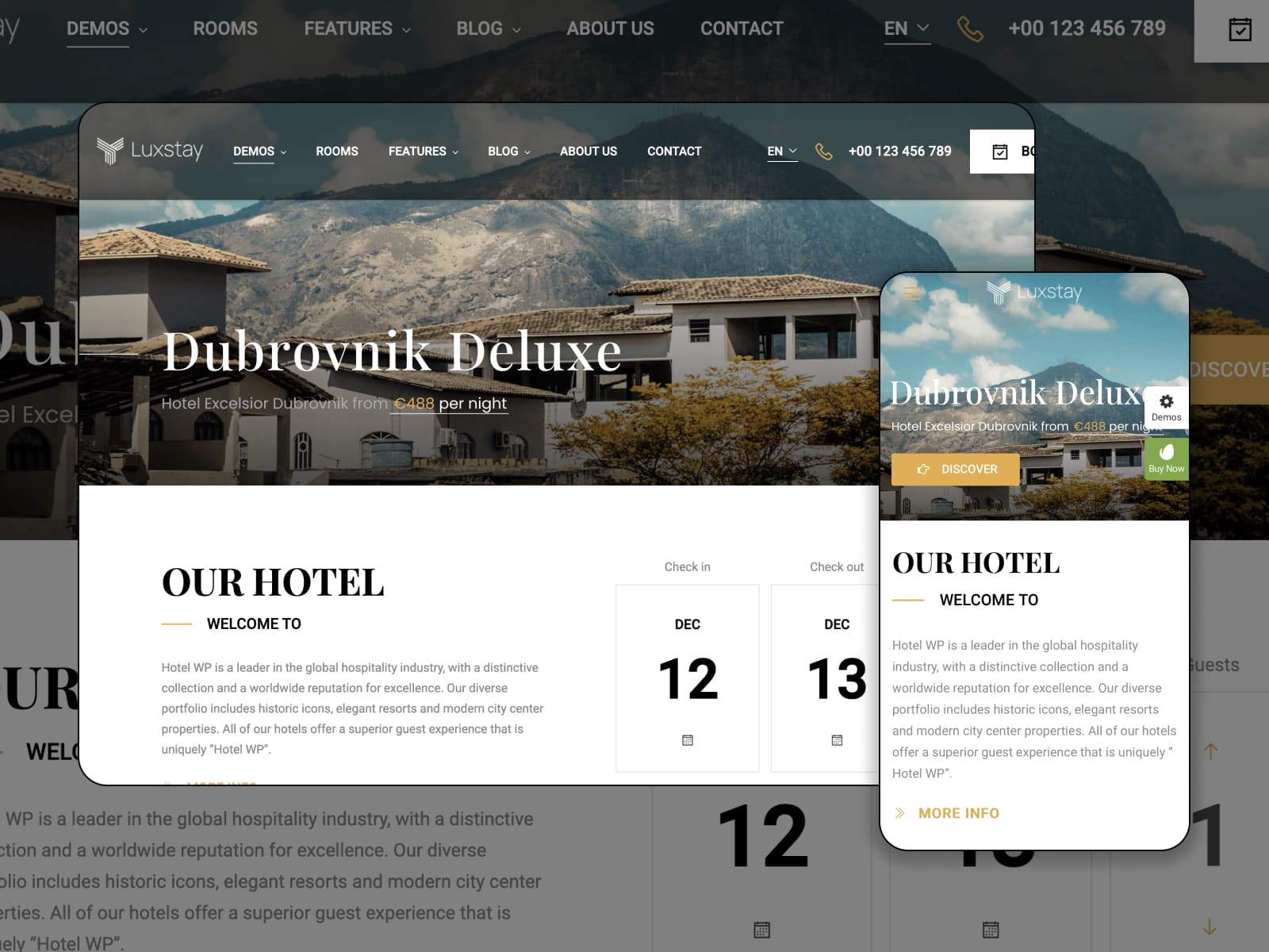 A collage of different views of the LuxStay apartment rental WordPress theme.