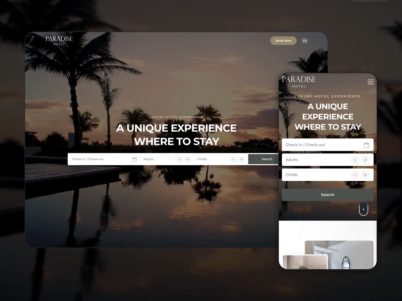 The collage of the Paradise hotel html website template for room booking.
