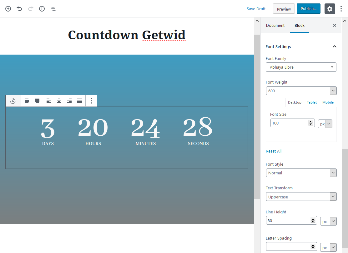 countdown getwid block settings