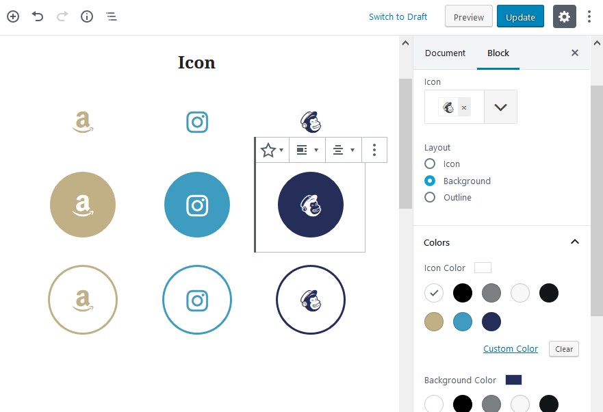 gutenberg blocks icon layout and color