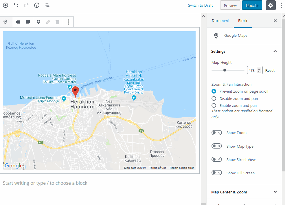 gutenberg google maps wordpress map settings