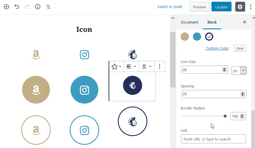 icon block settings size
