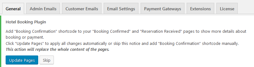 WordPress hotel booking plugin version plugin prompts