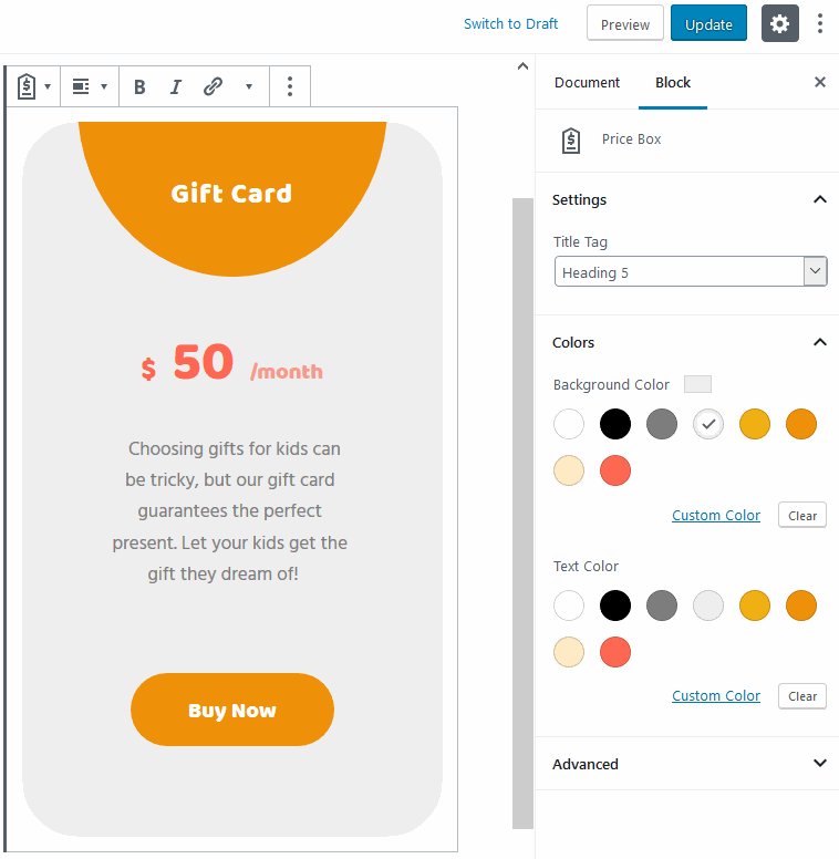 pricing table colors