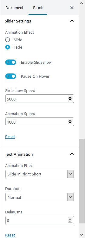 slider settings slider gutenberg block