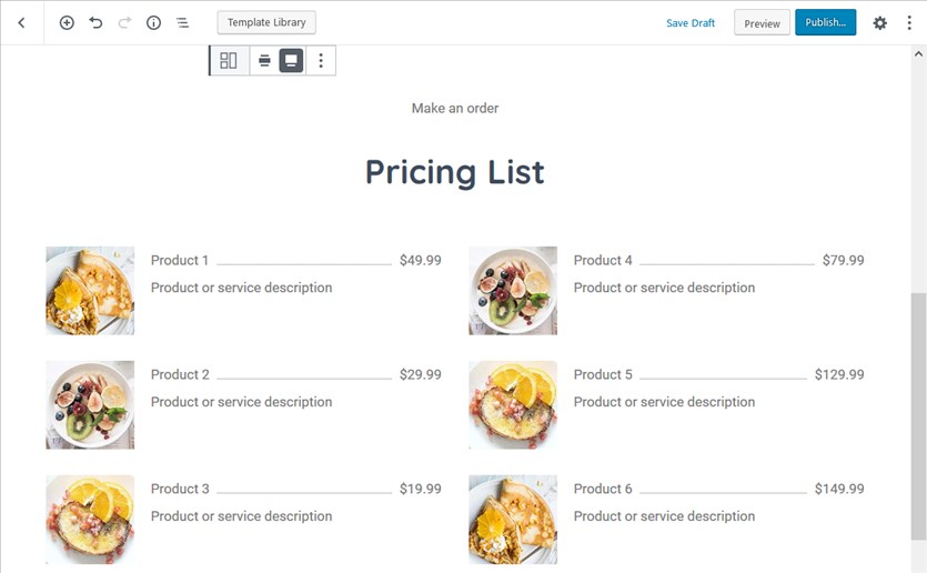 pricing list template block