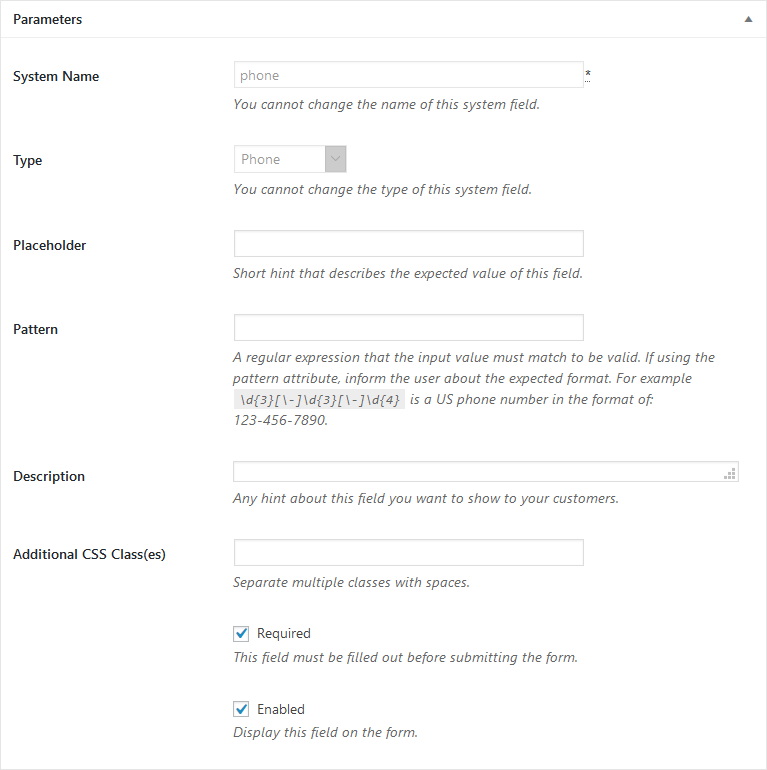 core checkout field parameters