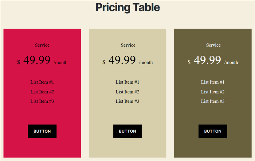 pricing table gutenberg block