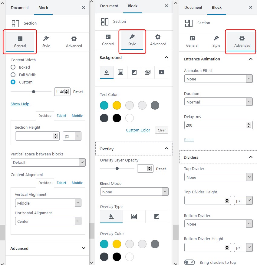 settings ui getwid blocks