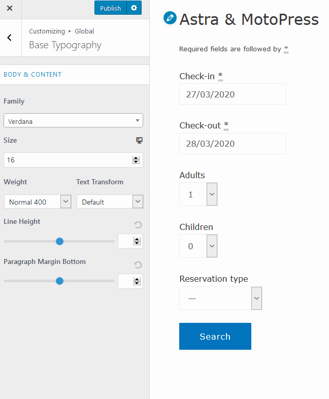 astra for hotel theme customization