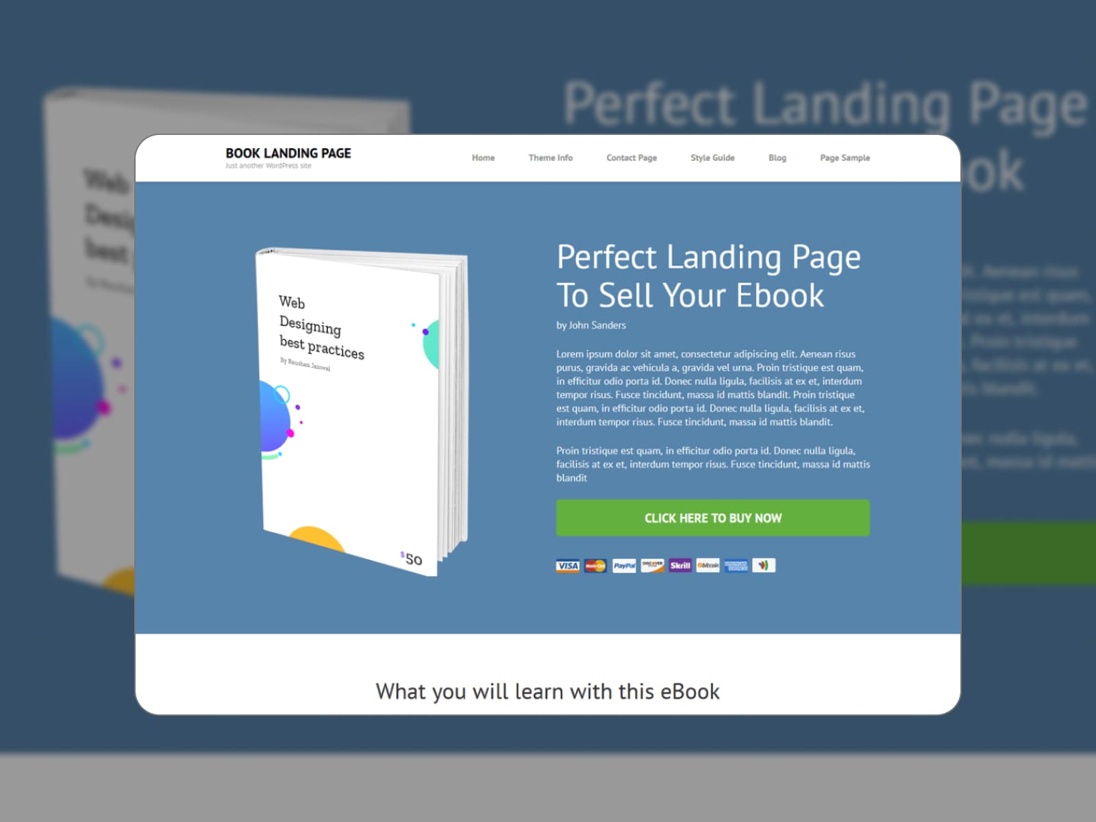 Book Landing Page WordPress theme demo website in blue and white colors.
