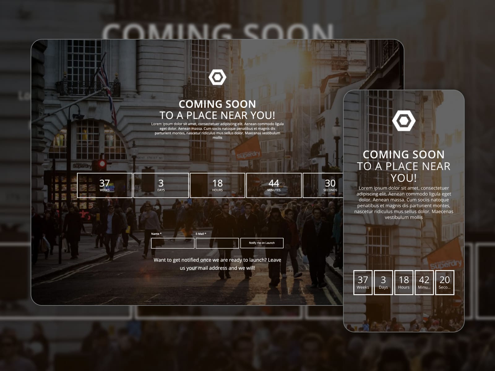 Collage of the Enfold coming soon WordPress theme demo page with a countdown and subscription form.