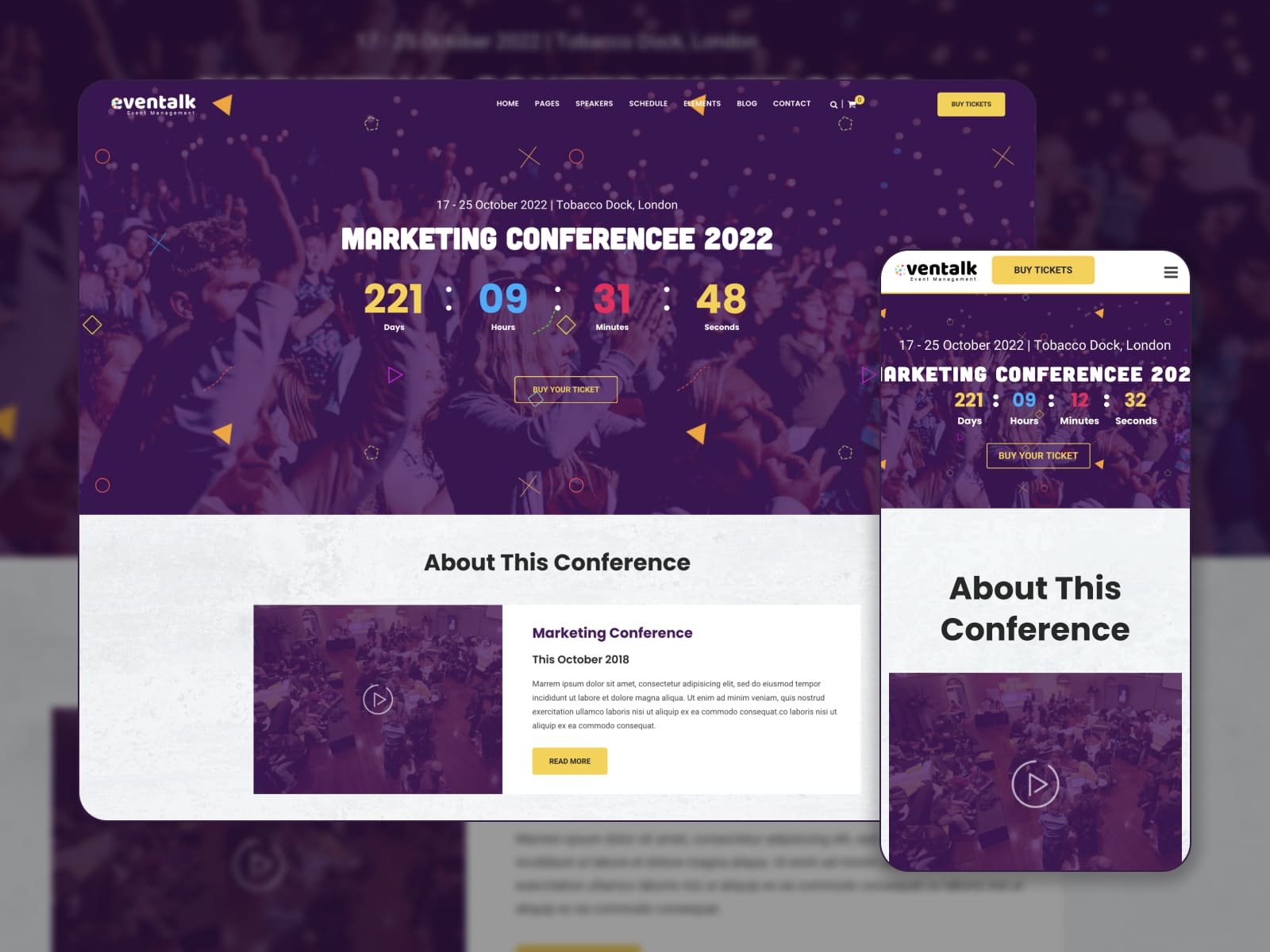 Collage of the EvnTalk WordPress theme for coming soon events websites with a countdown and image on the background.