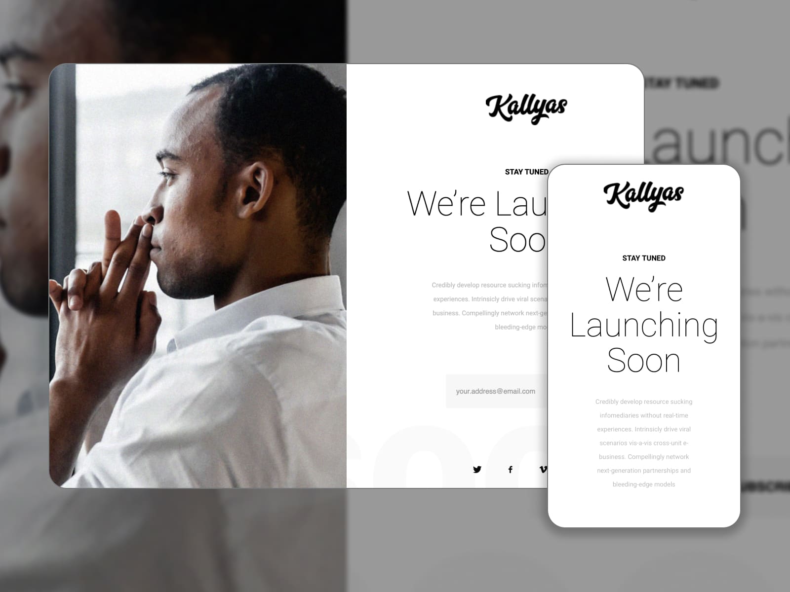Collage of the Kallyas multipurpose coming soon theme for WordPress websites in light colors.
