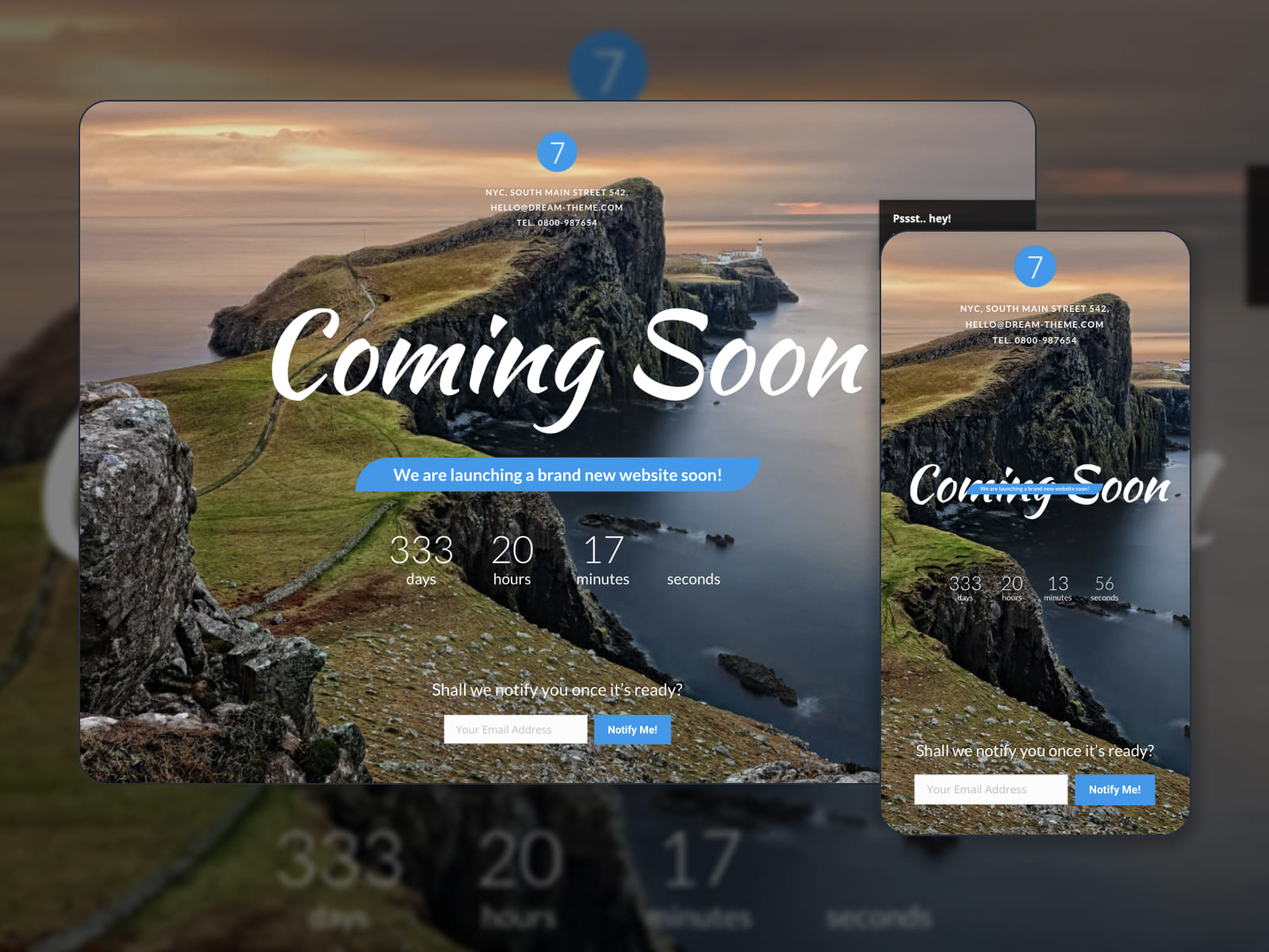 Collage of The7 WordPress theme for coming soon website with a countdown timer and subscription form. 