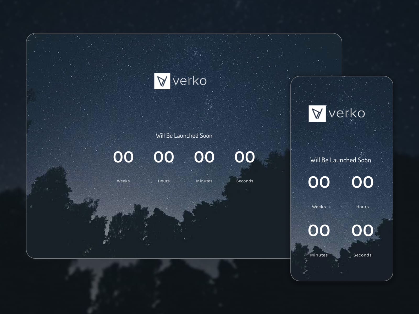 Collage of the Verko WordPress coming soon theme demo page with a countdown on the dark background.
