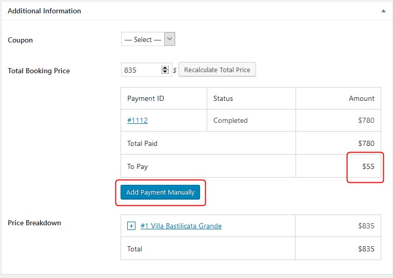 add payment manually modify hotel bookings