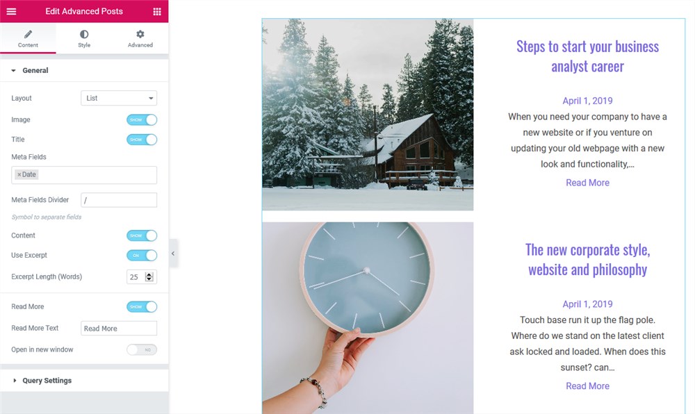 advanced posts widget elementor display settings