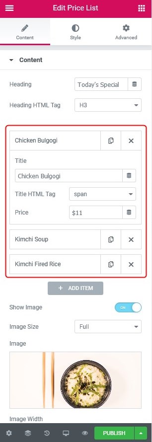 elementor menu item settings