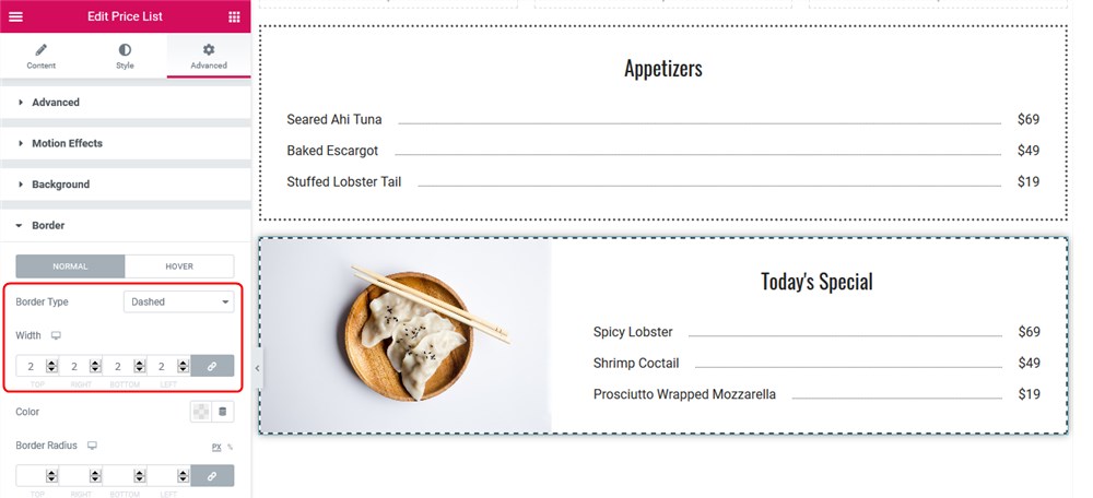 price list border