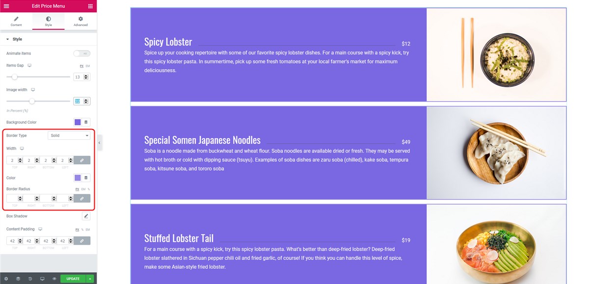 price restaurant menu elementor widget border type