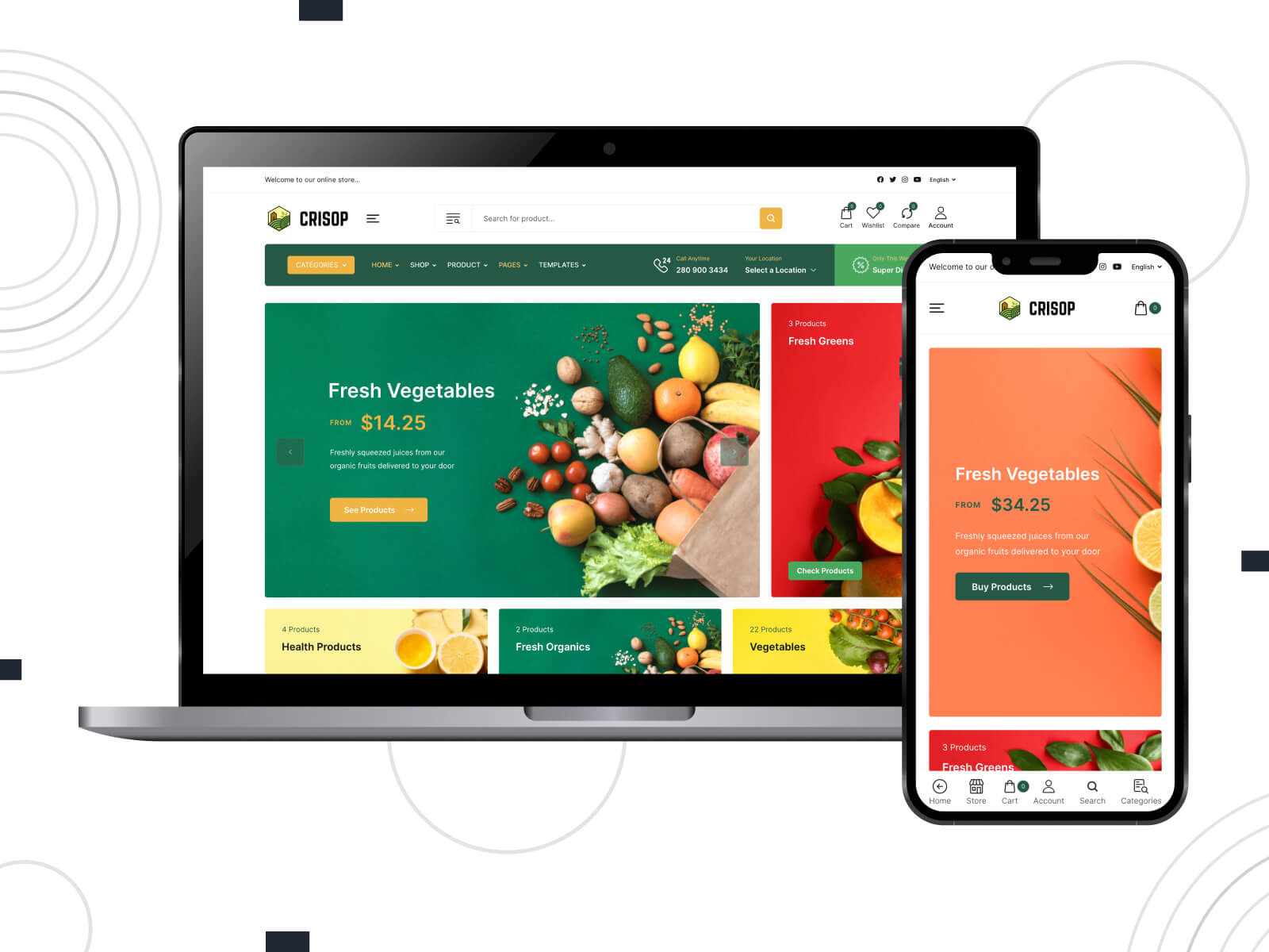 Screenshot of Crisop - light, rich, premium WordPress theme for online grocery markets using WooCommerce in sea green, sandy brown, and gray color combination
