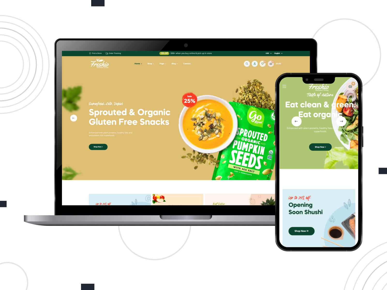 Screenshot of Freshio - luminous, rich, WooCommerce-integrated theme for evolving grocery businesses in burlywood, lime green, and goldenrod color mix