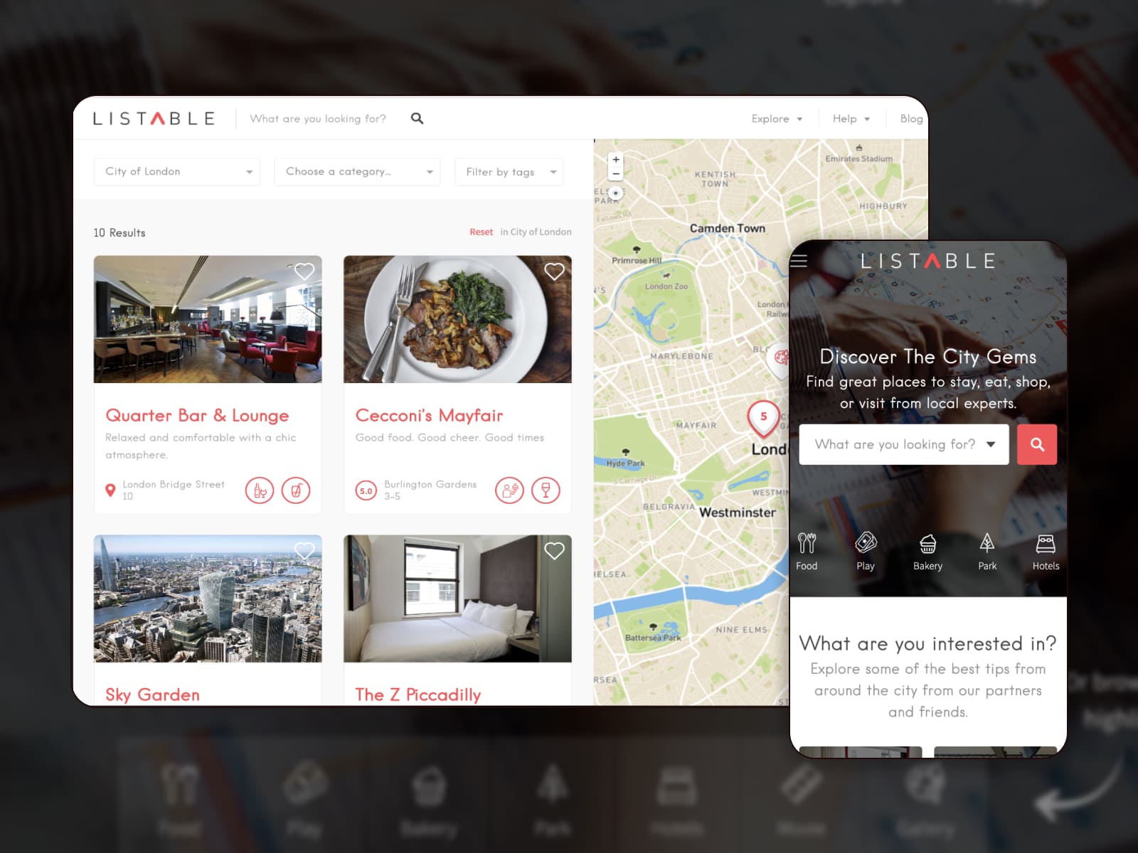 The Listable WordPress directory theme shown with a map.